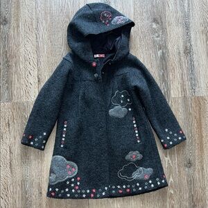 Kids Hooded Gray Coat with Embroidered Details